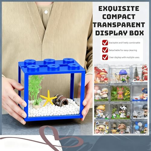 Small Betta Fish Tank, Stackable Mini Fish Tank Tiny Aquarium Tank Kit with Aquarium Gravel & Resin Decorations, 0.6 Gallon Cube Desktop Fishbowl for Snails, Crabs, Starfish (Blue) - color: Blue