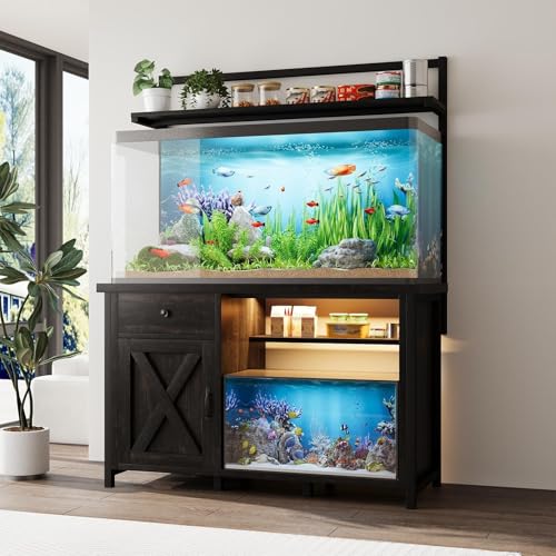 55-75 Gallon Fish Tank Stand with Power Outlet, Led Light, Heavy Duty Aquarium Stand with Cabinet for Fish Tank Accessories Storage, Shelf, for Turtle Tank, Reptile Terrarium, 1100 LBS (Oak) - color: Oak