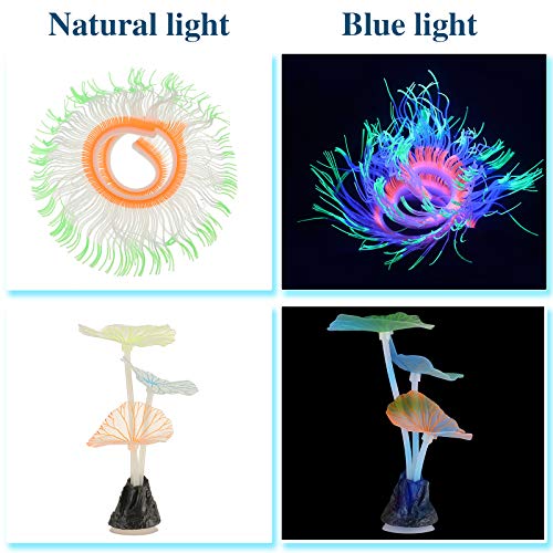Weewooday 57 Pieces Glowing Fish Tank Decorations Plants with Simulation Silicone Coral Glowing Jellyfish Lotus Leaf Changeable Green Sea Anemone Luminous Stones for Aquarium Fish Tank Ornament