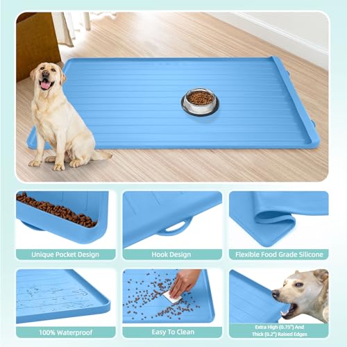 Dog Mat for Food and Water - 39.4" x 27" Large Pet Feeding Mats with Residue Collection Pocket - Waterproof Dog Cat Bowl Mat with High Edges to Prevent Water and Food Spills (Blue, 39.4''x27'') - color: Blue