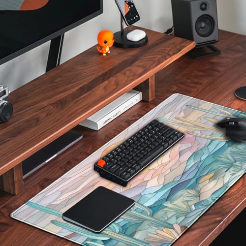 Desk Mat Gaming Abstract Ocean Desk Pad Large Mouse and Keyboard Pad, Faux Stained Glass Sun & Waves Mouse Mat XXL Desk Protector, Computer Mats for Desktop Sun & Waves Office Decor 31.5" X 15.7" - color: Faux Stained Glass