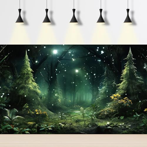 Fantasy Forest Aquarium Background Foggy Mystical Dark Forests Fish Tank Background Scenic Tranquil Stars Enchanted Forest Terrarium Backgrounds Fairy Tale Forests Reptile Tank Backgrounds 24x12in - color: Black_Green, size: 24(W)x12(H)in