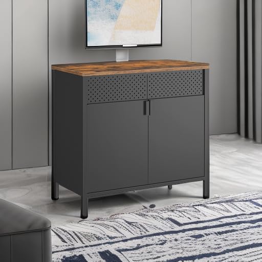 SONGMICS Storage Cabinet, Metal Cabinet, Sideboard with 2 Doors, 15.7 x 31.5 x 29.9 Inches, Magnetic Closure, Adjustable Shelf, Steel Frame, Rustic Brown and Black ULSC102B01 - color: Rustic Brown + Black, size: 31.5"W, style: 1 pack