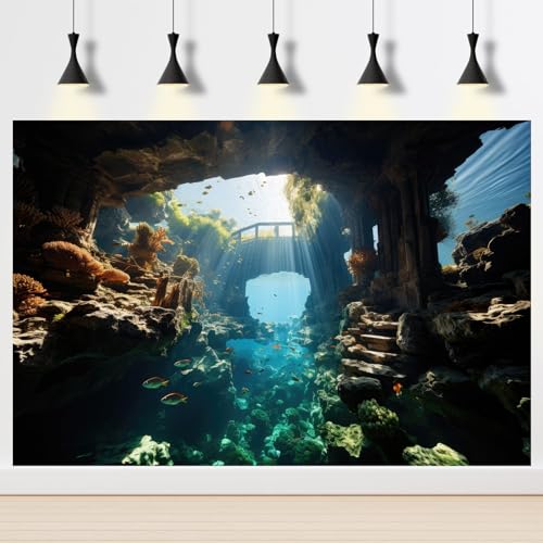 2 Packs Under The Sea Aquarium Background Underwater Rock Bridge Jungle Cave Landscape Fish Tank Background Blue Water Sunbeams Fantasy Rocks Moss Sunrays Aquarium Fish Tank Backgrounds 24x16in - color: Dark_Blue, size: 24(W)x16(H)inches/ 60(W)*40cm(H)