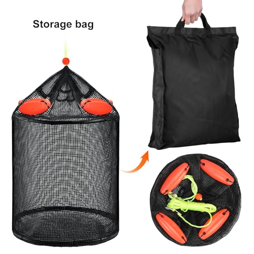 Extra Large Foldable Floating Fishing Basket for Live Caught Fish, Heavy Duty Coated Mesh Bait Pen, Collapsible Mesh Fishing Basket
