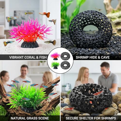 4PCS Shrimp Hides for Aquarium, Natural Shrimp Hide and Shrimp Cave Decorations, Four Aquarium Decorations for Shrimp Tank, Two Shrimp Caves and Two Grass Decorations