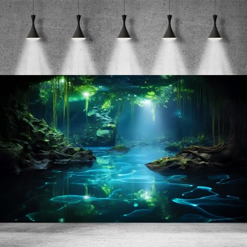 Cave Aquarium Background Underwater Cave with Light Beam Tranquil Stream Terrarium Background Mysterious Elegant Fantasy Tropical Plants Fish Tank Backdrop Wallpaper Poster Decorations Vinyl 24x12in - color: Green, size: 24(W)x12(H)in