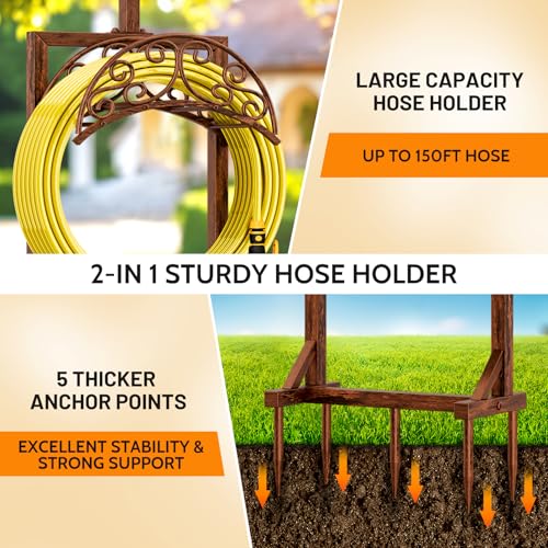 Garden Hose Holder - Upgraded Water Hose Holders for Outside with 5 Spikes & 2 Shepherds Hooks, Freestanding Hose Stand Hose Hanger Hose Storage Hose Reel Rack for Yard Lawn(Antique Bronze) - color: Antique Bronze