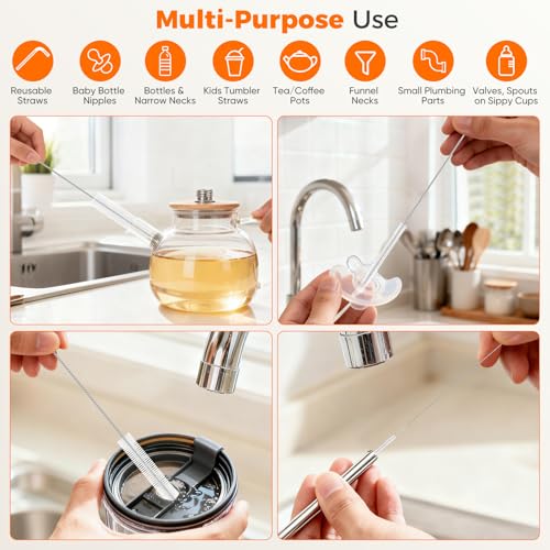 10-Packs Premium Straw Cleaner Brush in Mixed Sizes, 8IN Long Reusable Stainless Steel Cleaning Brushes Set with Soft Sturdy Nylon Bristles for Metal Straws, Sippy Cups, Tumblers & Bottles