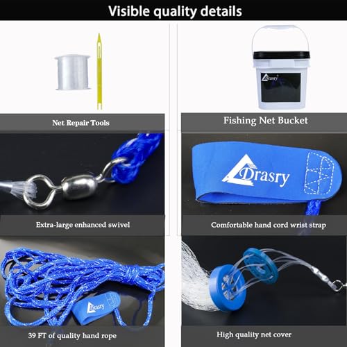 Drasry Saltwater Fishing Cast Net for Bait 3/8 1/4 or 1/2 with Heavy Sinkers Fish Trap Throw Net. Size 3ft/4ft/5ft/6ft/7ft/8ft/9ft/10ft Radius Freshwater Nets - size: 3FT (90cm) Radius, style: 1/4 Mesh Lead Sinkers-mono