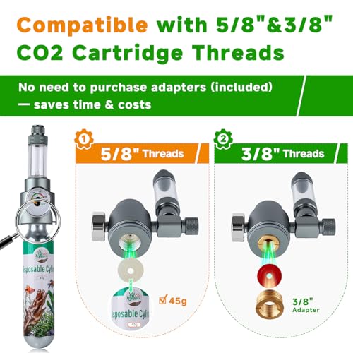 Complete Aquarium CO2 System, Desktop CO2 Regulator with 45g Disposable CO2 Cartridge, Compatible with 5/8" and 3/8" Threaded for Nano Aquariums - size: 45g