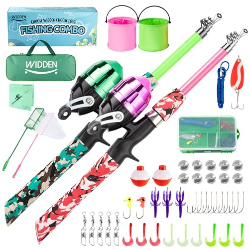 Kids Fishing Pole, Portable Telescopic Kids Fishing Poles for Boys and Girls, Fishing Rod and Reel Combo Kit with Tackle Box, and Fishing Net, Best Fishing Pole for Toddler Youth - color: Pink+Green