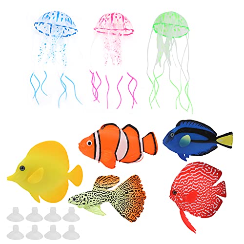 Artificial Glowing Fish Set, Fake Aquarium Decorations with Luminous Jellyfish, Silicone Floating Fish Tank Decor for Freshwater and Saltwater Tanks, Includes Suction Cups and Tran