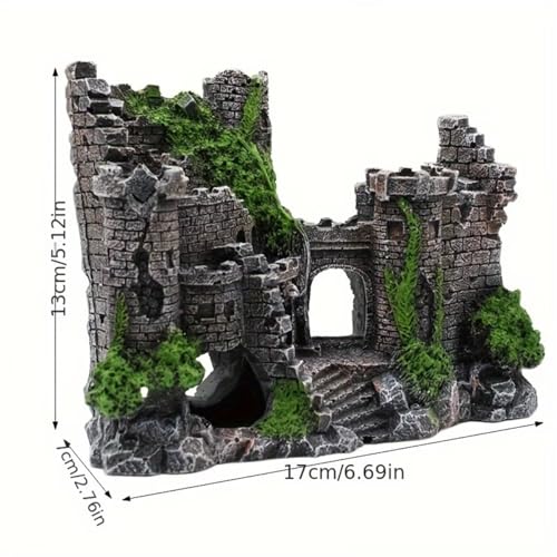 Ancient Castle Ruins Aquarium Ornament, Resin Fish Tank Decoration with Moss Accents, Hidden Cave Shelter for Betta Fish, Breeding & Hiding Habitat Decor, Black