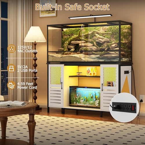BREEZEHEAT Fish Tank Stand with Power Outlet, LED Light, 1250lbs Capacity, Heavy Duty Metal 55-75 Gallon Aquarium Stand with Cabinet, Terrarium stand Suitable for Turtle & Reptile Tank, White