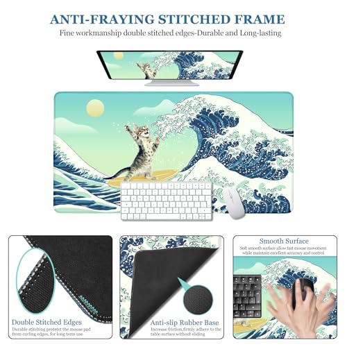 Funny Cat Desk Mat, Desk Matt for Desktop, Surfer Cat DeskPad Mat, XXL Large Mouse Pad for Desks, Anti-Slip Big Mousepad with Stitched Edges, Keyboard Mats for Computer, Work, Office, Game, Home - color: Funny Surfer Cat Battle Great Waves, size: 31.5" x
