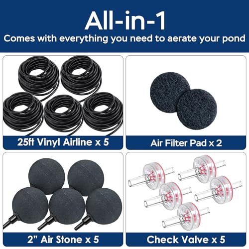 Pond Aerators for Outdoor Koi Ponds, Air Pump for Pond up to 3500 Gallons, All-in-One Flow Adjustable Pond Aeration Kit Pond Deicer with Double Outlet Airline Tubing Air Stones Check Valves - size: Up to 3500 Gallon