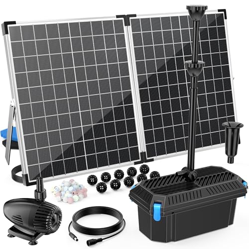 Antfraer 55W Solar Pond Filter, Solar Fountain Pump with Pond Filter Kit Adjustable Flow, Pond Filter Box with Filter Medias for Outdoor Ponds Fish Tank Pool Waterfall Koi Pond Water Features - size: 55W