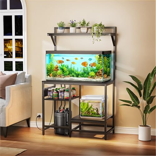 40 Gallon Fish Tank Stand, Aquarium Stand with Power Outlet, Heavy-Duty Reptile Terrarium Stand Table with Top Shelf for 40 Gal Standard/Long/High, 37.4" L x 19.7" W x 30" H(Black) - color: Black, size: 40 Gallon