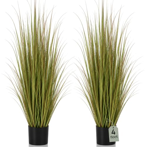 Jexine 2 Pieces Tall Artificial Grass Plant Potted Artificial Greenery Floor Plants Fake Pampas Grass Tall in Pot for Housewarming Gift House Garden Bathroom Lobby Indoor Outdoor (Autumn Green,4 ft) - color: Autumn Green, size: 4 ft