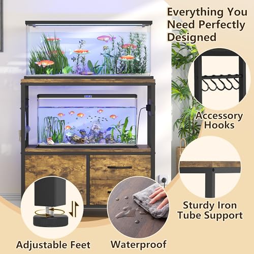 Heybly 20-29 Gallon Fish Tank Stand, Aquarium Stand with Drawer, Power Outlet, Heavy Duty Metal Frame, for Fish Tank, Turtle & Reptile Terrarium, 31.5" x 15.7" Top, 330lbs, Rustic Brown HAS001SR - color: Rustic Brown, size: 20-29 gal