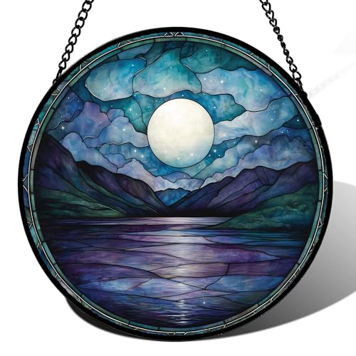 DASTOLL Stained Glass Window Hanging, Blue Night Moon Lake Sun Catchers Colorful Glass Panel Landscape Suncatcher Decor for Birthday for Women, Men, Wife, Aunt, and Mom 14.9x14.9 in - color: Blue and White, size: 14.9x14.9 IN