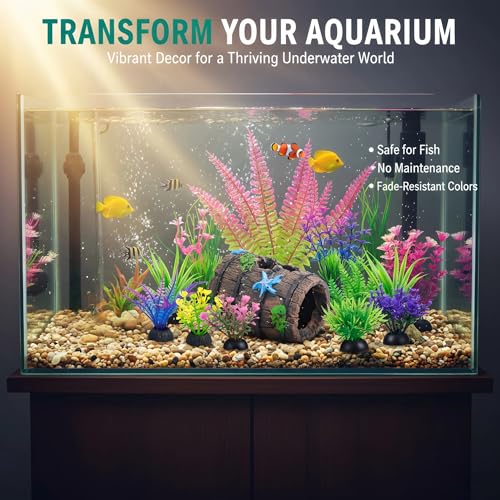 Ameliade Fish Tank Accessories Decorations Set with Broken Barrel Cave & 11 Artificial Aquatic Plants - Betta Goldfish Hiding Spots for Aquariums, Small Bowl Ornament Decor