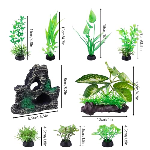 NiHome 9PCS Realistic Aquarium Artificial Plant Decoration Set, Weighted Base Driftwood, Rock Mountain & Aquatic Plants, Non-Fading Aquascape Greenery Ornaments for Freshwater or Saltwater Fish Tanks