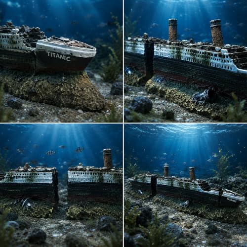 Aquarium Decor, Antique Roman Column Ruins & Titanic Shipwreck Ornament, European Castle Fish Tank Hideout Rocks for Aquascape & Underwater Landscaping