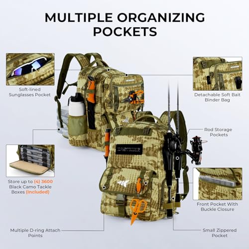 KastKing BaitSpace Fishing Tackle Backpack with Removable Bait Binder,2 Rod Holders Storage Fishing Gear and Equipment - color: D: Khaki Camo(with (4) 3600 Tackle Boxes)