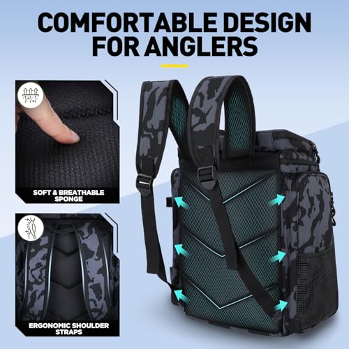 PLUSINNO Fishing Tackle Backpack with Rod Holders，42L Water-resistant Fishing Bag Store Fishing Gear,Fishing Gifts For Men. - color: Black Camo（4 Tackle Boxes Included）