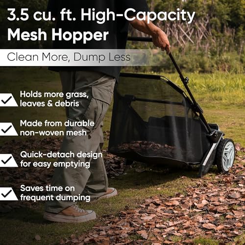 Dapper Supply 21-Inch Push Lawn Sweeper, Grass, Lawn and Leaf Cleanup Collector with Large 3.5 cu. ft. Hopper Bag, Durable Wheels, and Dual Spinning Brushes, Grey