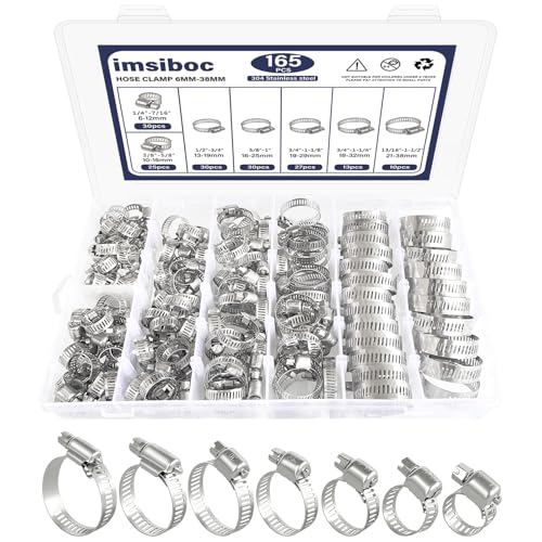 165PCS Adjustable Stainless Steel Hose Clamps Assortment Kit, 1/4''- 1-1/2'' (6-38mm) Worm Gear Metal Fuel Line Clamp for Plumbing, Automotive and Mechanical Applications - size: 165pcs 6-38mm