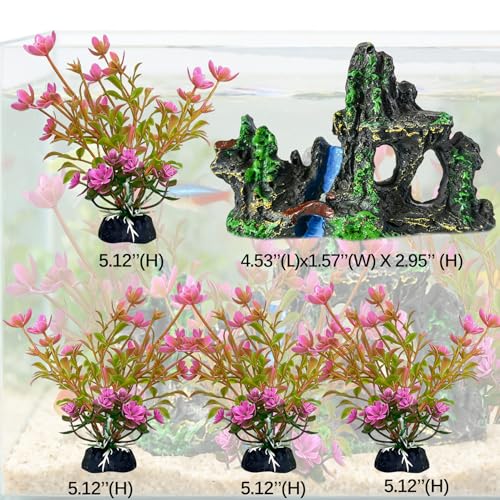 4 PCs Artificial Aquarium Plants with Rock Cave Ornament Set for Betta Fish Tank, Small Aquarium Decor Set, Fish Tank Decorations Accessories for Freshwater Aquarium - size: Small-4Packs