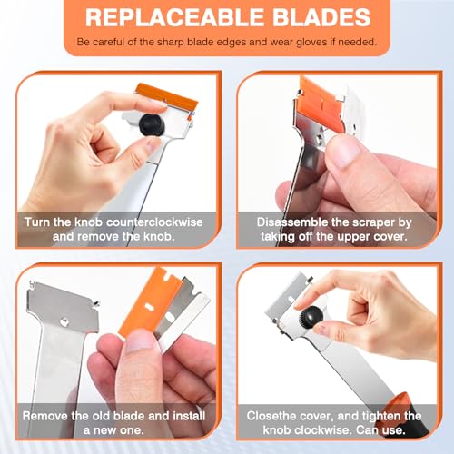 2 Pack Razor Blade Scraper Tool with 20 Metal & 20 Plastic Razor Blades, Multi-Purpose Long Handle Heavy Duty Scraper Tool for Cleaning Cooktop, Oven, Floor, Paint, Tile, and Window Glass