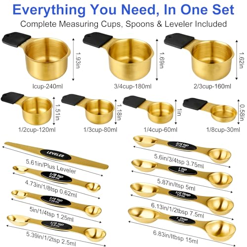Magnetic Measuring Cups & Spoons Set, Strong N45 Magnets, Heavy Duty Stainless Steel Fits in Spice Jars for Baking & Cooking, BPA Free, Round Set of 15 with Leveler,Gold - color: Measuring Cups & Spoons Set of 15(gold)