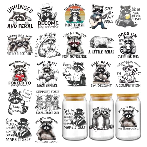Cute Raccoon UV DTF Stickers - 20 Sheets Unhinged and Feral Funny UV DTF Cup Wraps for 16 20 oz Glass Coffee Mug, Trouble Ain't Raccoon Transfer Sticker Decals DIY Water Bottle Journal Decoration - style: Raccoon