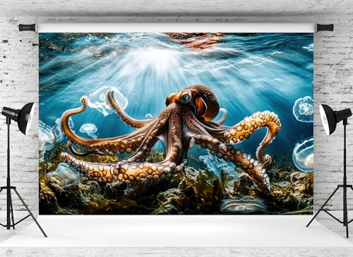 15x8ft Nautical Octopus Backdrop Underwater Jellyfish Sunlight Ocean Reef Background Marine Themed Party Birthday Aquarium Event Halloween Decor Photo Studio Booth Props Banner Wallpapers - size: 15x8FT