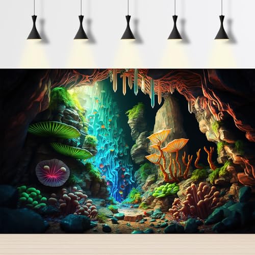 Jungle Cave Aquarium Background Cartoon Cave Landscape Fish Tank Background Abstract Bright Lights Luminous Mushrooms Tropical Plants Reptile Tank Enclosure Terrarium Backgrounds 36x18in - color: Green Purple, size: 36(W)x18(H)in