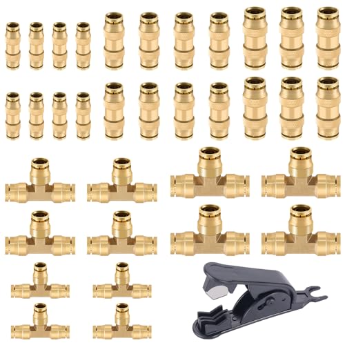 CheeMuii 35 PCS Brass DOT Air Line Fittings Kit 1/4 3/8 1/2 DOT Quick Connect Air Fittings Straight & Tee Union Push to Connect Air Hose Fittings for Semi Truck Trailers Air Brake System - size: 35PCS