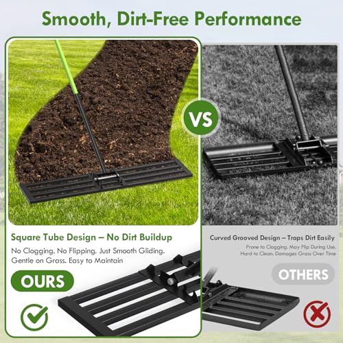 Seeutek Lawn Leveling Rake, 45” x 10” Lawn Leveler with 6.5FT Stainless Steel Handle Rakes for Lawns, 0-180° Adjustable Ground Leveler Tool for Yard, Level Soil Sand Dirt Surfaces - size: 45"*10"