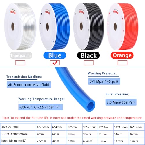 VerRich Pneumatic Tubing Pipe Pu Hose,Blue 12mm OD x 8mm ID 100 Meters 328 FT PU Air Hose Line Tube for Air Compressor Transfer - color: Blue, size: OD12mm*ID8mm 328 FT (100 Meters)