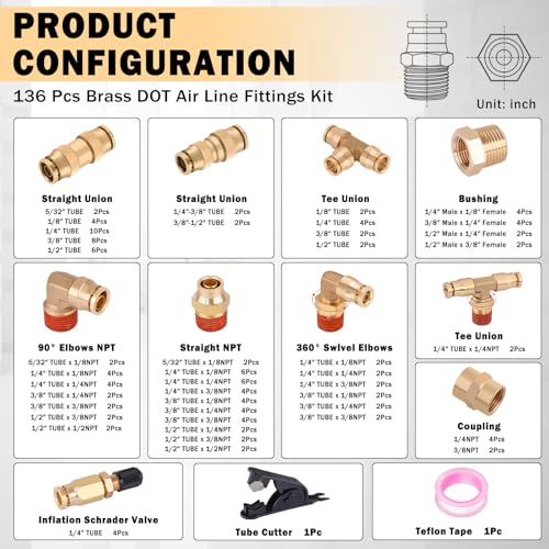 CheeMuii 136 PCS Brass DOT Air Line Fittings Kit Push Lock DOT Air Fittings Push to Connect Fittings 1/8" 1/4" 3/8" 1/2" Quick Connect Air Hose Fittings Assortment for Air Line Air Hose - size: 136PCS