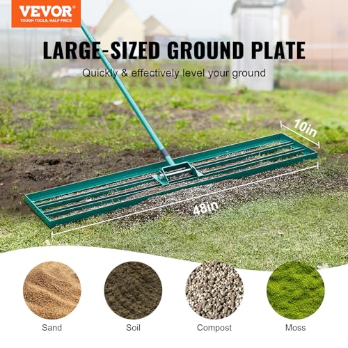 VEVOR Lawn Leveling Rake, 48""x10"" Level Lawn Tool, Heavy-Duty Lawn Leveler with 78"" Steel Extended Handle, Yard Leveling Rake Suit for Garden, Golf Lawn, Farm, Green - size: 48"x10", style: Classic: Alloy