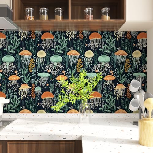 Blue Jellyfish Wallpaper Peel and Stick, Vintage Sea Ocean Contact Paper 17.5" x 393.7", Seaweed Wall Paper Self Adhesive Removable Waterproof for Children's Room Bathroom Shelves Cabinet Table Drawer - color: Dark Blue/Orange, size: 17.5" x 393.7"