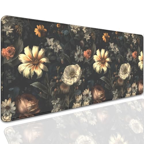 Black Background Flowers Desk Pad Mouse Pad,Large Floral Mouse Mat with Stitched Edges,Non-Slip Rubber Base Elegant Mousepad for Office PC Keyboard Laptop and Home Work Desk Mat(27.5X11.8 in) - color: Retro Floral