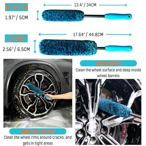 oesee PRO Choice 4 Pack Long Handle Wheel Brush Kit for Cleaning Wheel and Tire- 2X Soft Wheel Cleaning Brush, Detailing Brush and Stiff Tire Brush - color: 4 Pack (Blue & Black)