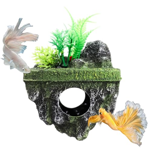 Floating Island Fish Tank Decorations – Aquarium Decor with Hideout Tunnel, Betta Fish and Shrimp Cave, PVC Aquarium Accessory with Artificial Plants - size: Small
