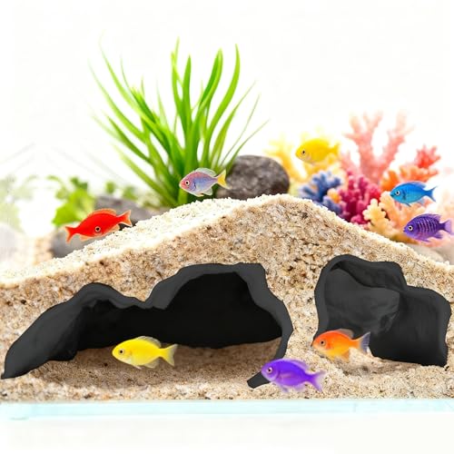 Aquarium Cave Tunnel 3D Printed - Fish Tank Decoration Natural Fish Hideout for Pleco, Shrimp & Corydoras | Sinking Base & Viewing Ports | Substrate-Friendly Decor (6.7" Under Gravel Design) - color: Black