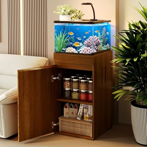 10-15 Gallon Aquarium Stand with Power Outlets, Farmhouse Fish Tank Stand, Reptile and Terrarium Stand with Drawer and Cabinet Storage, Sturdy Heavy Duty 16.9" - color: Brown 16.9" L